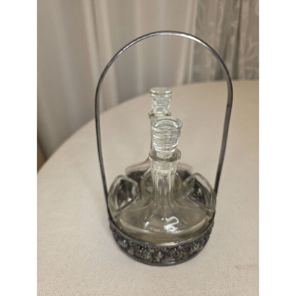 Vintage Ornate Silver Plate Glass Cruet Set With Decorative Handle & Fruit Motif - Picture 15 of 15